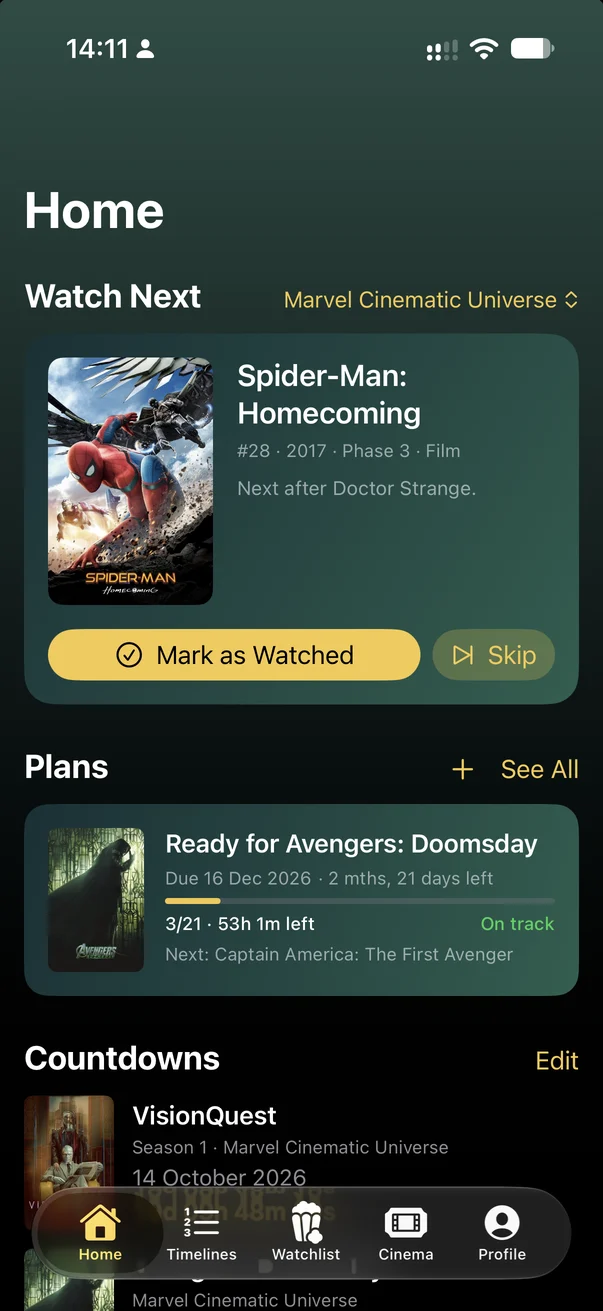 Home screen with the next title to watch